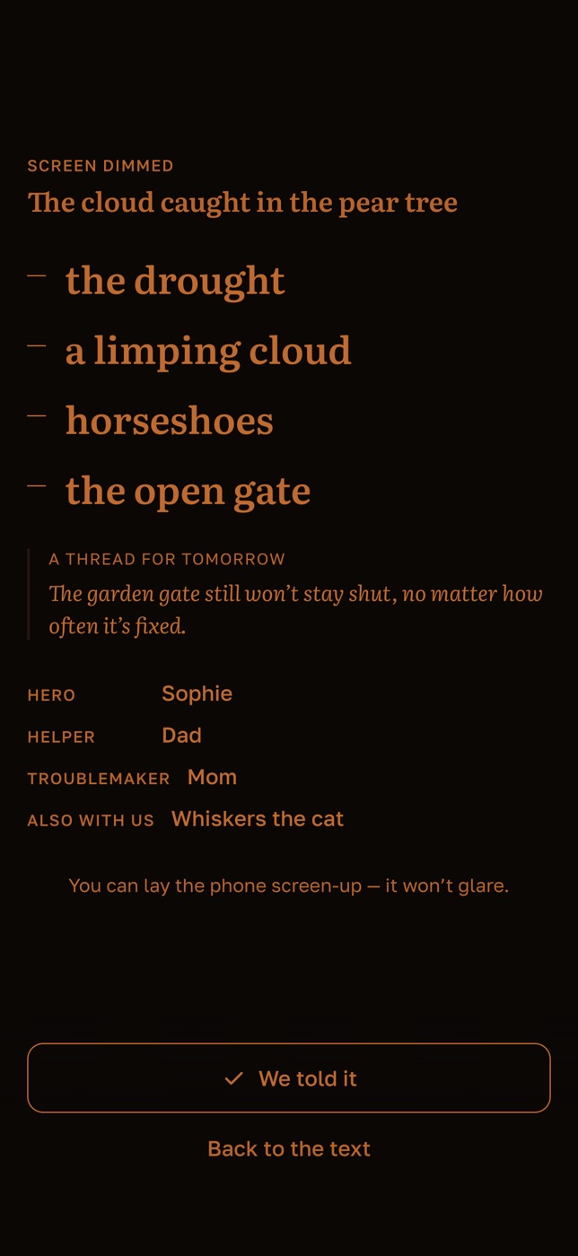 Dimmed screen with the four-word spine